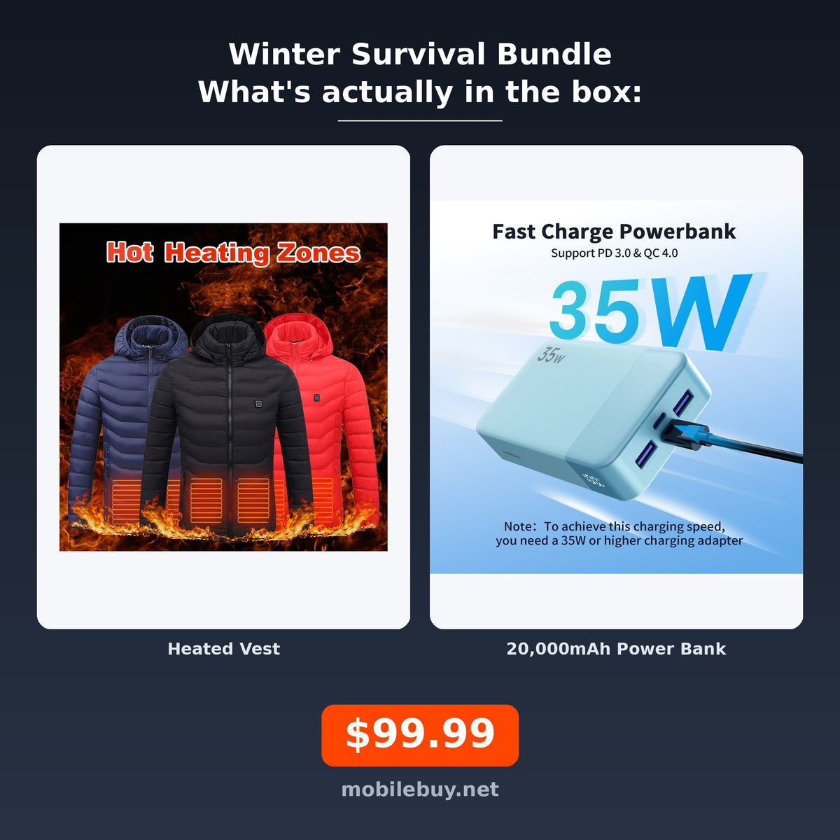 Winter Survival Bundle - heated vest and 20000mAh power bank, actual items included