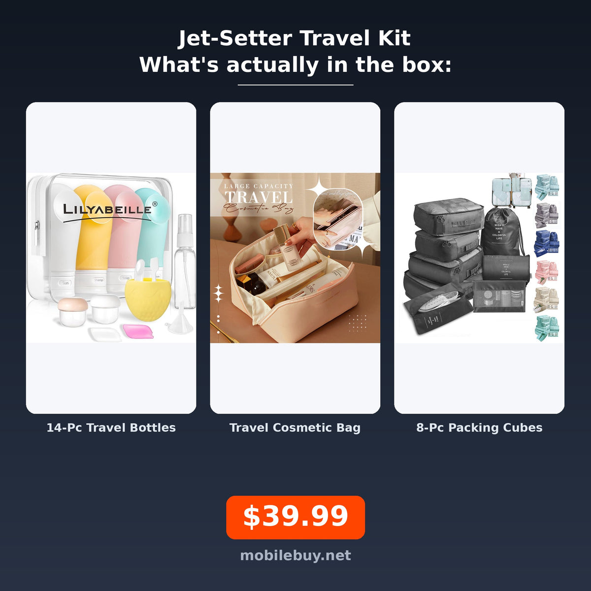 Jet-Setter Travel Kit - travel bottles, cosmetic bag and packing cubes, actual items included