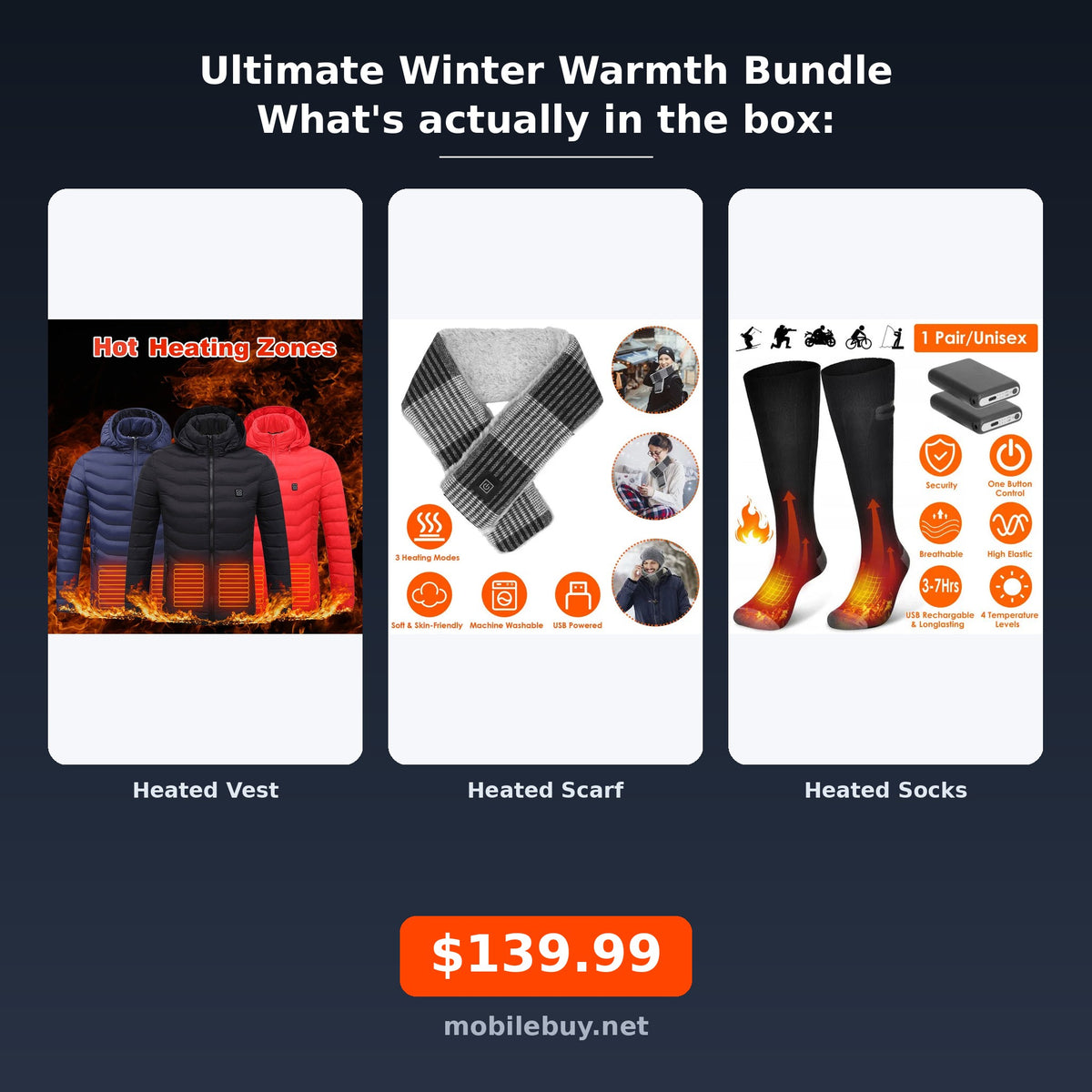 Ultimate Winter Warmth Bundle - heated vest, heated scarf and heated socks, actual items included
