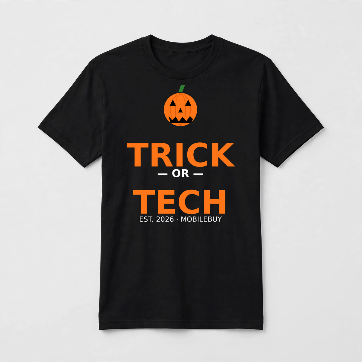 Trick or Tech design on a black unisex t-shirt