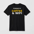 Powered by Coffee & Wifi design on a black unisex t-shirt