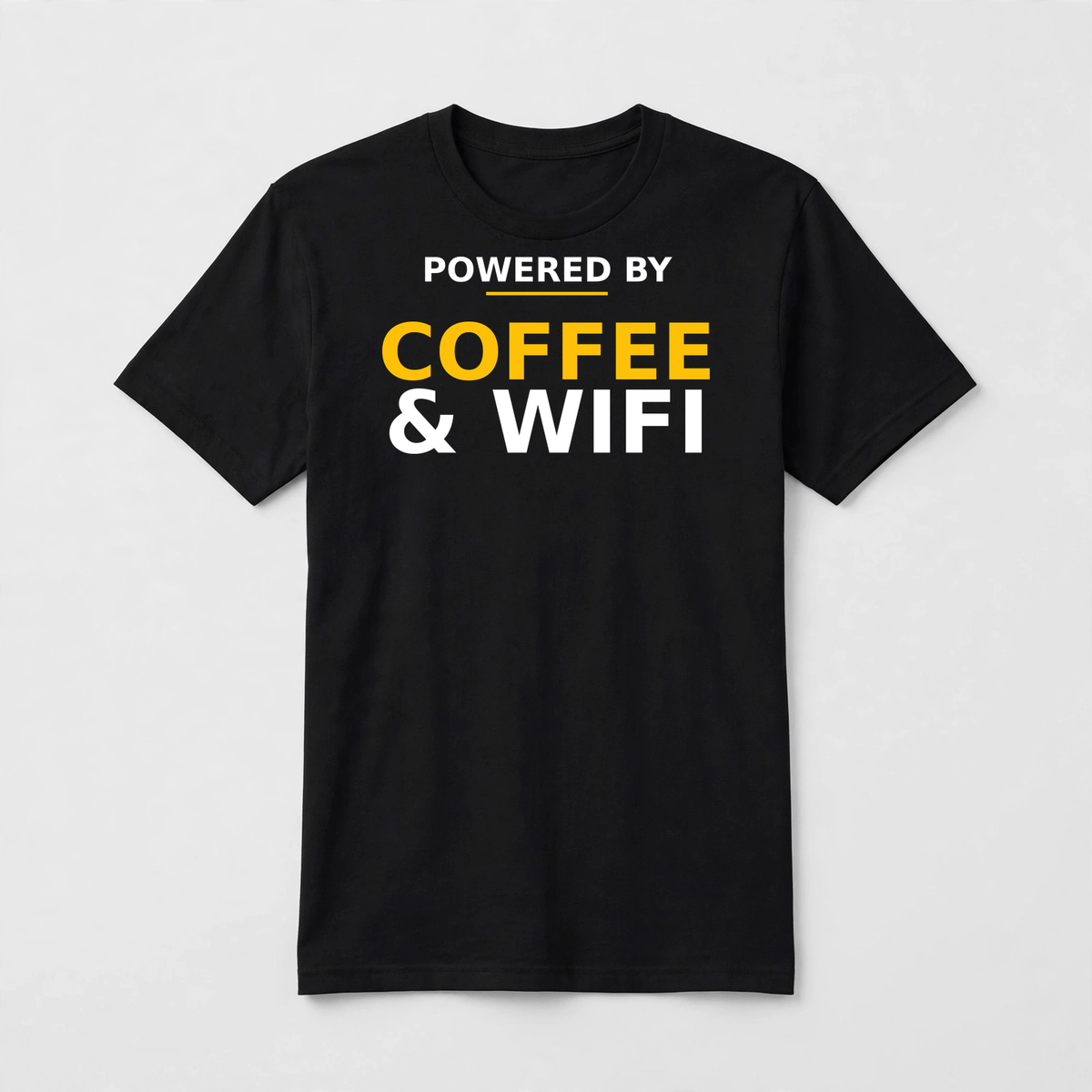 Powered by Coffee & Wifi design on a black unisex t-shirt