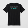 Wanderlust & Wifi design on a black unisex t-shirt