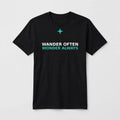 Wander Often Wonder Always design on a black unisex t-shirt