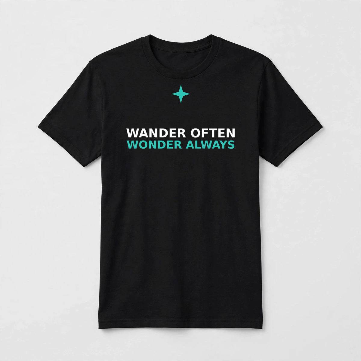 Wander Often Wonder Always design on a black unisex t-shirt
